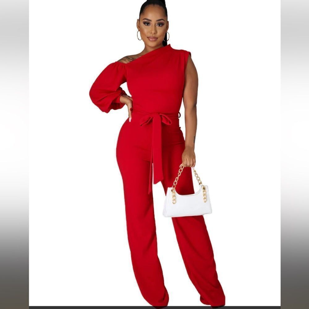 Red One-Shoulder Belted Jumpsuit